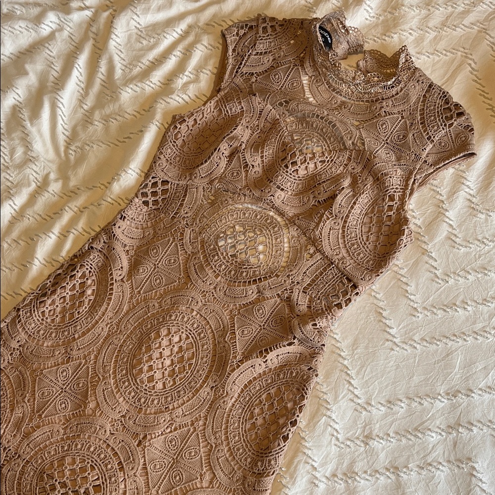 bebe Intricate Lace Mini Dress in Tan